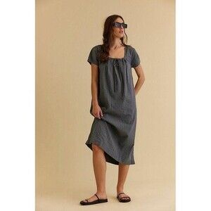 Free People Free-est Aria Midi Dress Seersucker Ruched Cotton Gray XS NWD 283611